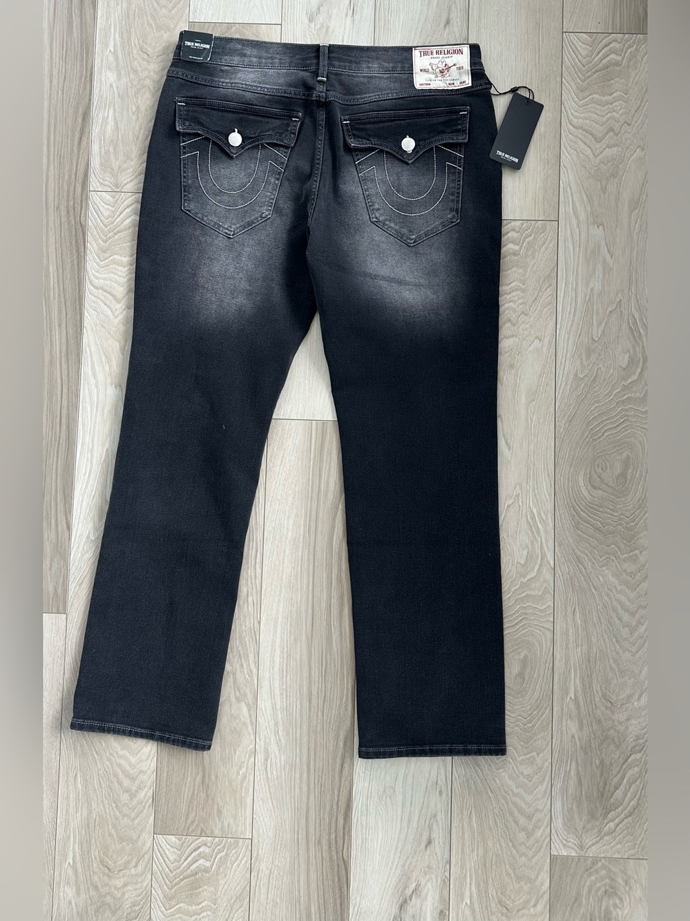 True Religion 'Ricky' Relaxed Straight Jeans in Distressed Faded Black SZ 34 NWT